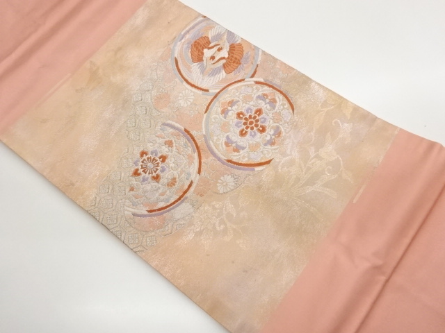 JAPANESE KIMONO / NAGOYA OBI / SILK / WOVEN ROUNDEL & FLORAL CREST & PHOENIX & FLORAL ARABESQUE